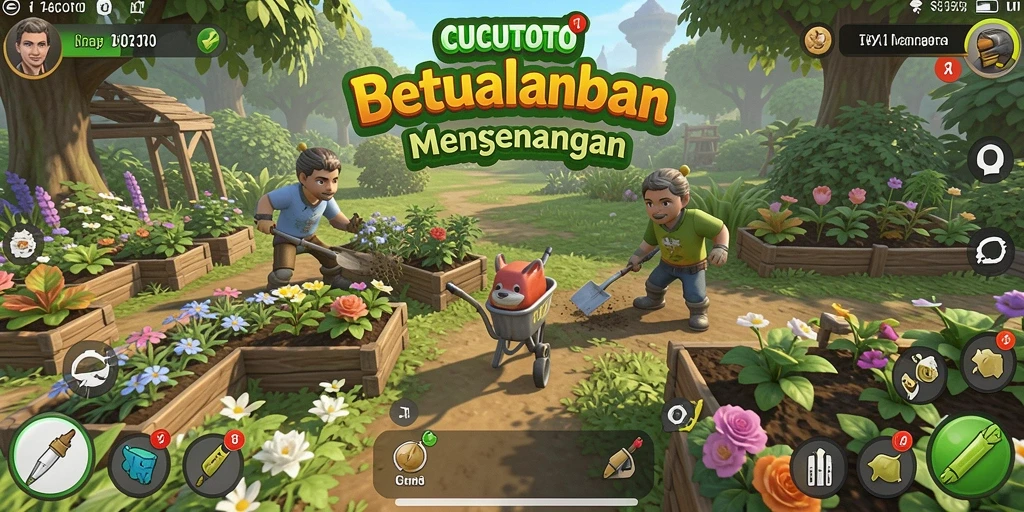 Tangkapan layar gameplay CUCUTOTO yang menampilkan kebun subur dan tanaman.