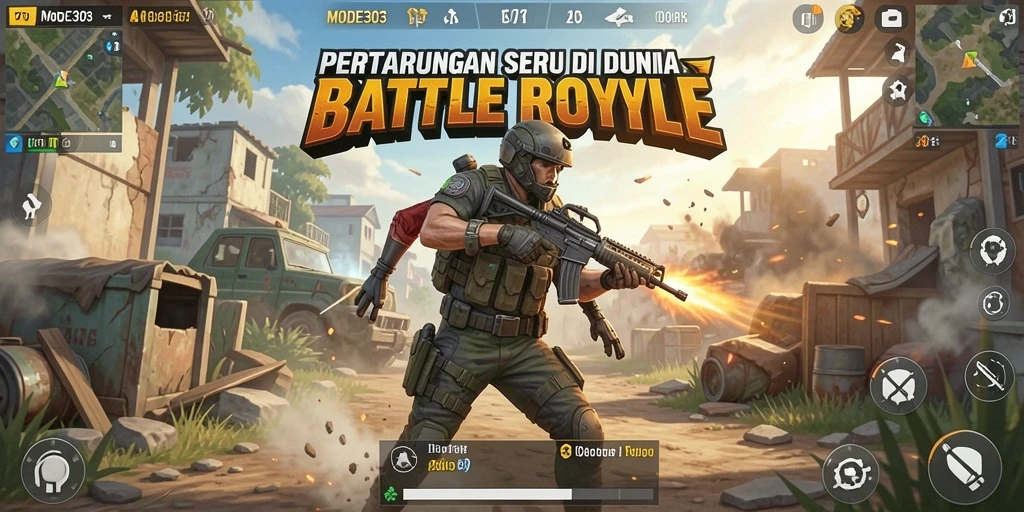 Screenshot utama MODE303 menunjukkan aksi pertempuran mendebarkan di dalam game Battle Royale.