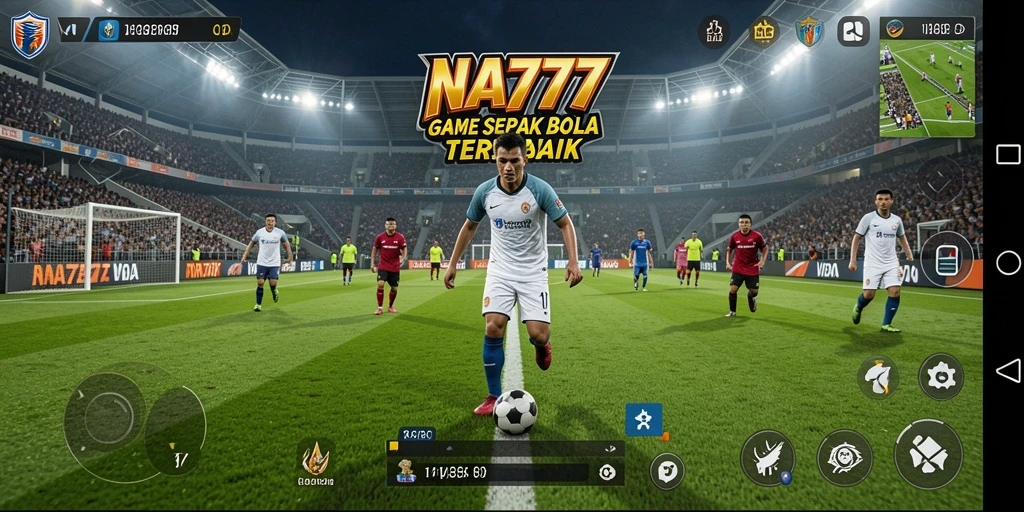 Screenshot utama NA777 menampilkan aksi mendebarkan di lapangan sepak bola.