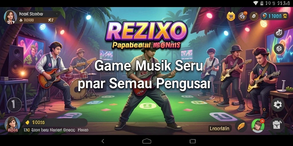 Tampilan gameplay REZIXO yang interaktif dan penuh musik.