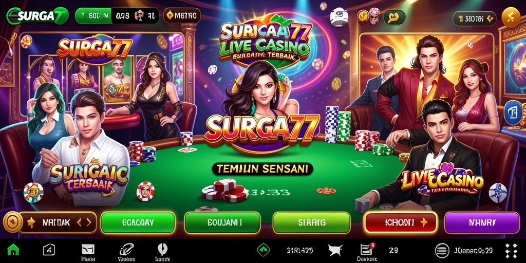 Screenshot SURGA77 menunjukkan dealer langsung dan cuplikan permainan Live Casino.