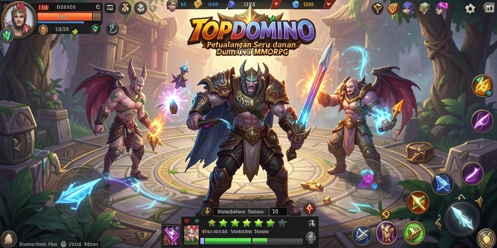 Tampilan gameplay utama dari TOPDOMINO yang menunjukkan pertempuran seru di dunia MMORPG.